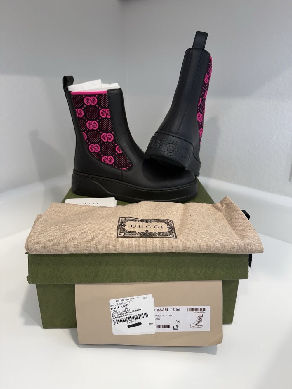 Gucci Dali Soft GG Pink Supreme Technical Jersey Marmont Ankle Boots, Sz 36 NWB